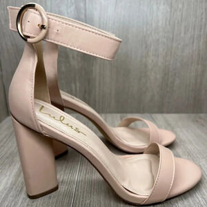 Lulus Sandals Womens Sz 9 Open Toe Ankle Strap High Heel Faux Leather Nude Beige